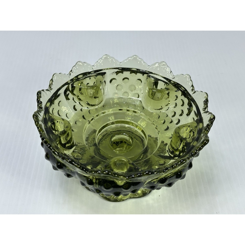 VTG 6" Fenton Colonial Green Hobnail‎ Glass Bowl Centerpiece Candle Holder Xmas